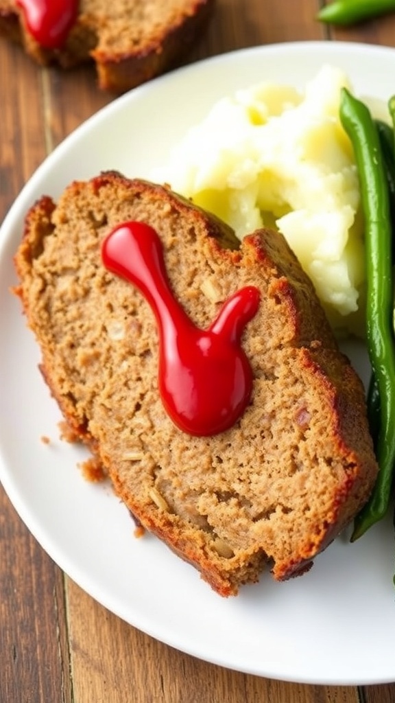 Air Fryer Pork Meatloaf Recipe A slice of pork meatloaf with ketchup, served with mashed potatoes and green beans on a rustic table.